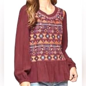 Savanna Jane Embroidered Tunic Maroon Multicolor Size 1X Boho Casual Comfy